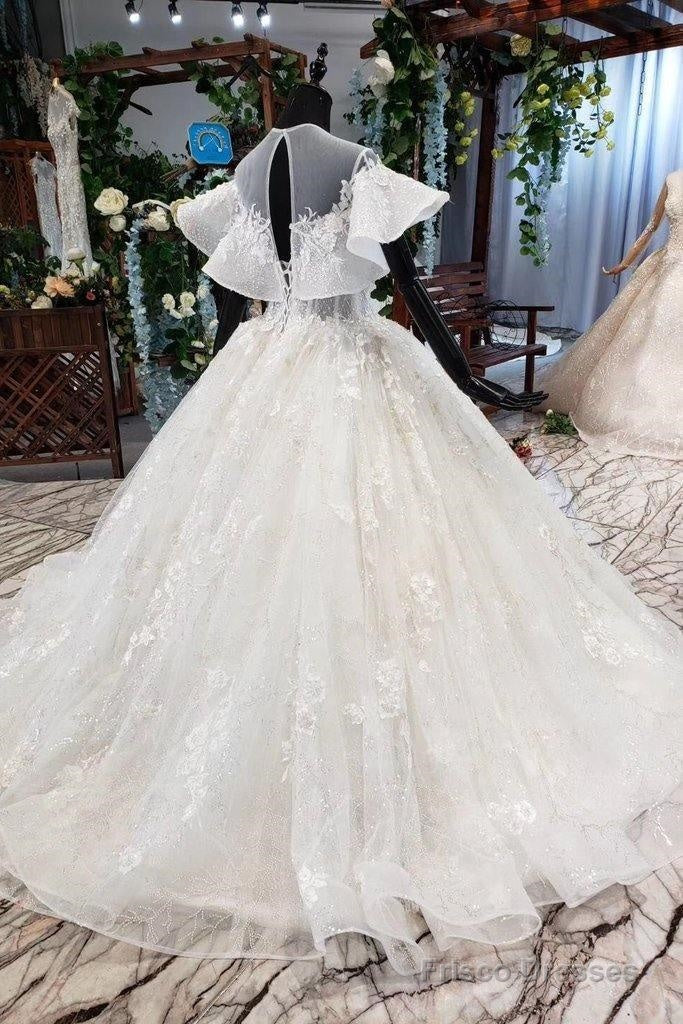 Elegant Ball Gown Big Wedding Dresses, Appliques Bridal Dress With Short Sleeves