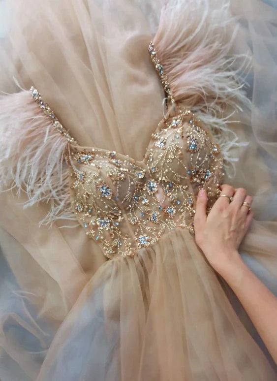 Champagne Gold Gorgeous Elegant Sparkling Exquisite Beaded Long Elegant Tulle Formal Prom Dress Evening Gown Party Dress Secondary image