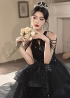 Elegant Black A-Line Halter Neck Chain Sequined Tulle Long Prom Dress Evening Dress
