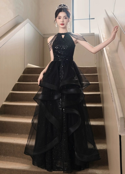 Elegant Black A-Line Halter Neck Chain Sequined Tulle Long Prom Dress Evening Dress