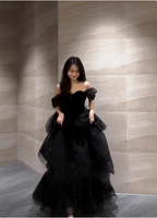 Elegant Black A-Line Off-The-Shoulder Shimmer Tiered Tulle Long Prom Dress Evening Dress
