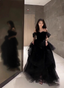 Elegant Black A-Line Off-The-Shoulder Shimmer Tiered Tulle Long Prom Dress Evening Dress