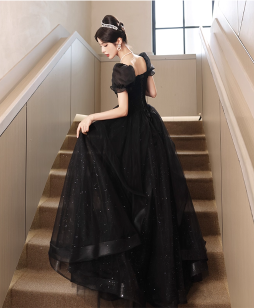 Elegant Black A-Line Square Neck Puff Sleeve Tulle Long Prom Dress Evening Dress