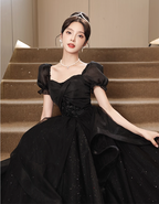 Elegant Black A-Line Square Neck Puff Sleeve Tulle Long Prom Dress Evening Dress
