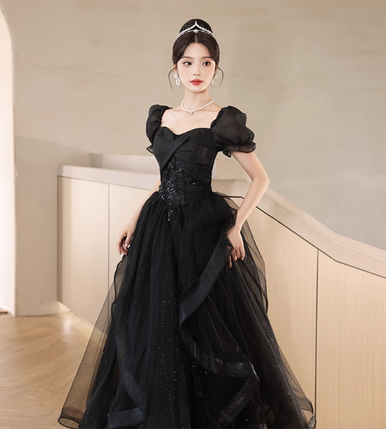 Elegant Black A-Line Square Neck Puff Sleeve Tulle Long Prom Dress Evening Dress Main image