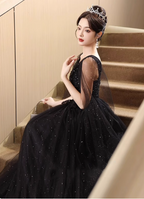 Elegant Black A-Line V-Neck Shawl Lace Tulle Long Prom Dress Evening Dress
