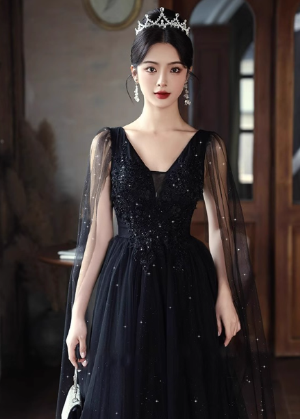 Elegant Black A-Line V-Neck Shawl Lace Tulle Long Prom Dress Evening Dress