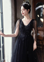 Elegant Black A-Line V-Neck Shawl Lace Tulle Long Prom Dress Evening Dress