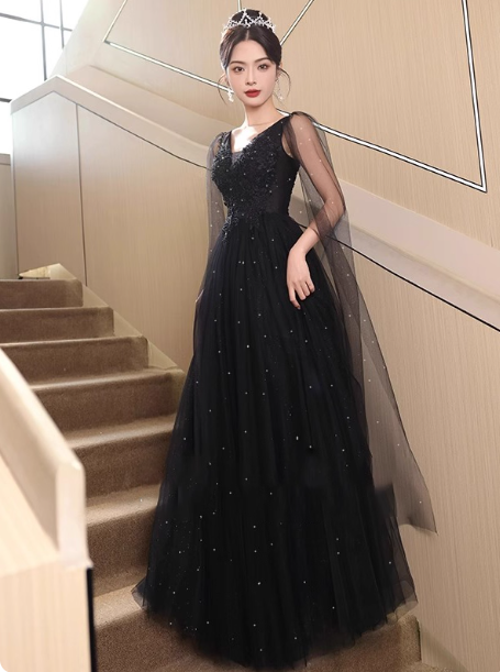 Elegant Black A-Line V-Neck Shawl Lace Tulle Long Prom Dress Evening Dress