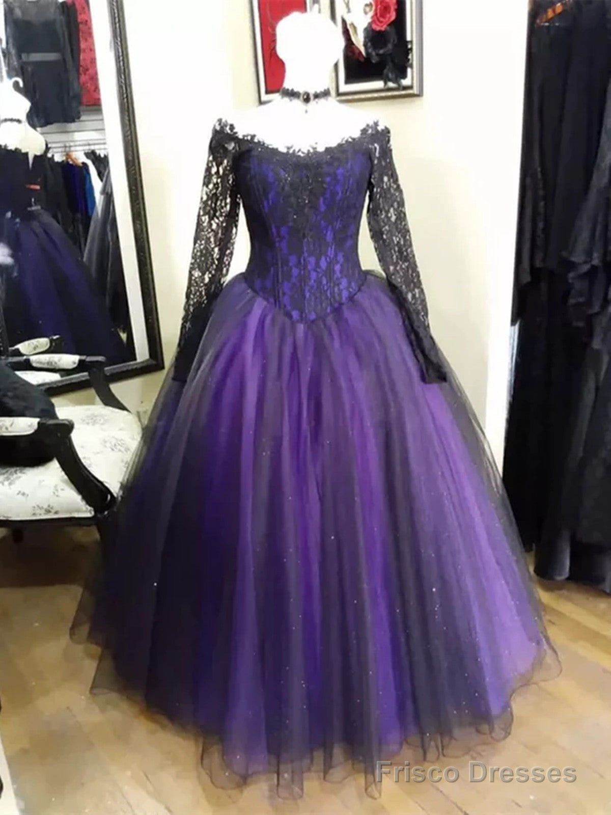 Elegant Black And Purple Lace Long Sleeves Sweet 16 Dress, Black And Purple Prom Dress Main image