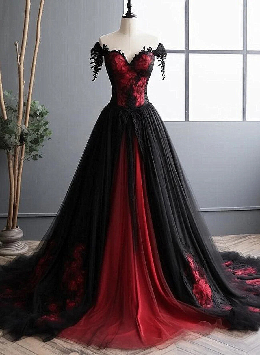 Elegant Black And Red Tulle With Lace Off Shoulder Gown, Black And Red Prom Dress Main image