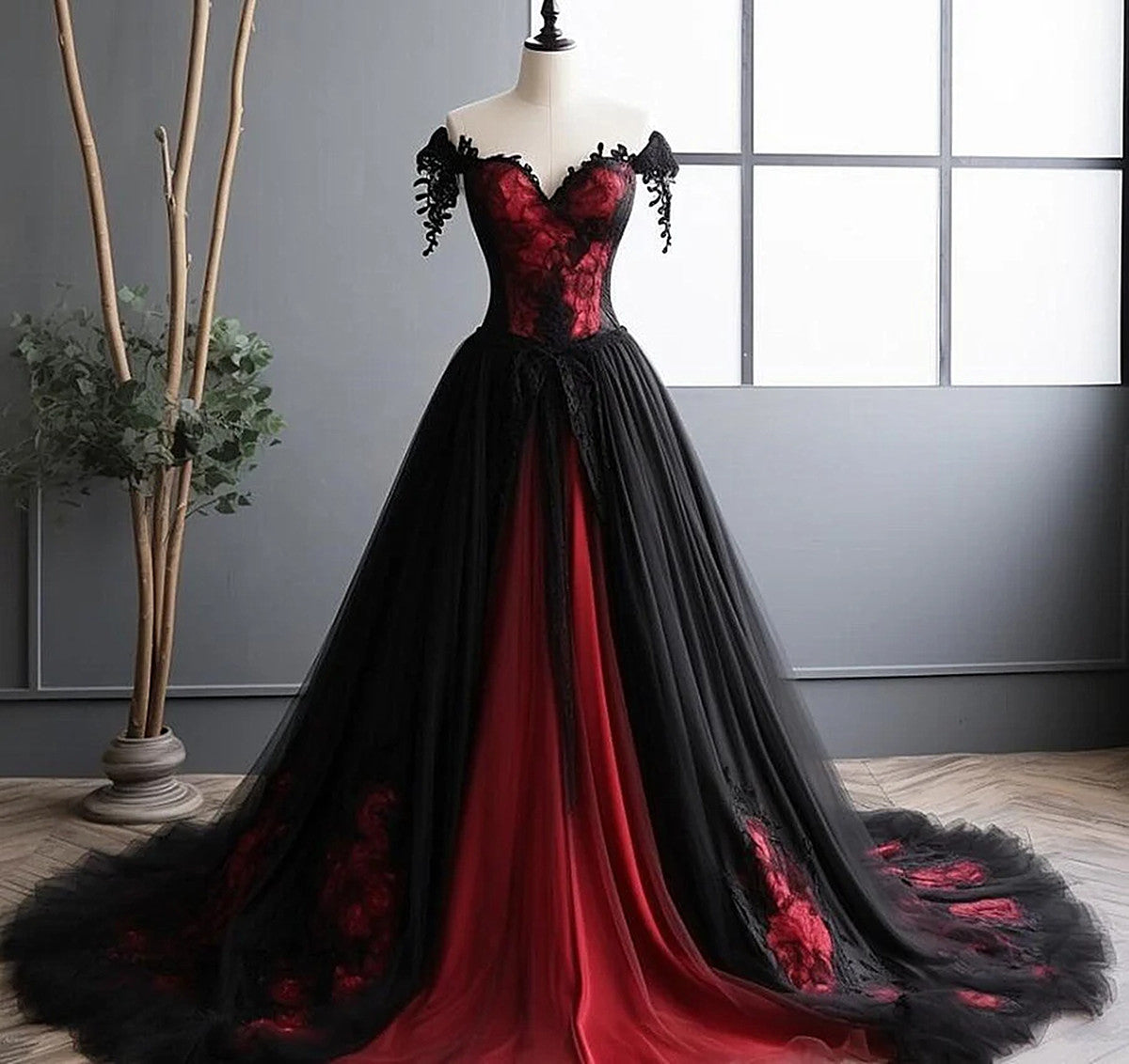 Elegant Black And Red Tulle With Lace Off Shoulder Gown, Black And Red Prom Dress Secondary image