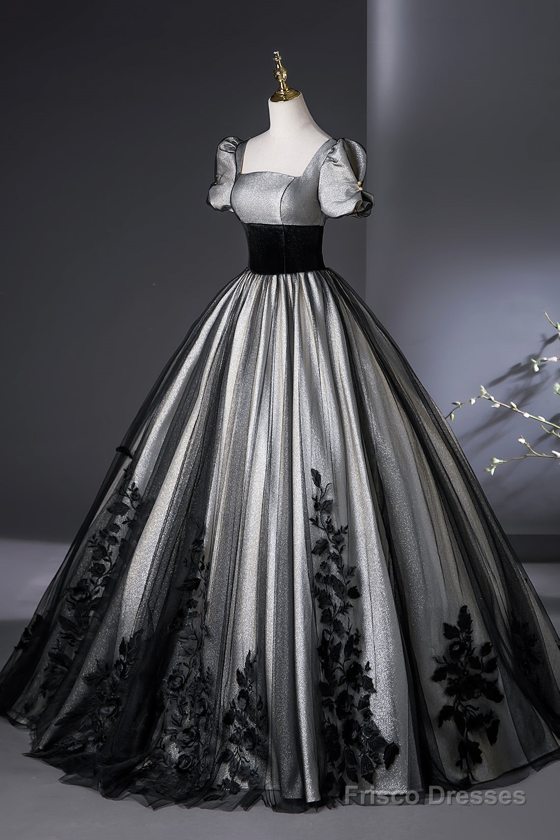 Elegant Black And Silver Lace Long Prom Dress, A-Line Square Neck Party Dress Secondary image