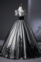 Elegant Black And Silver Lace Long Prom Dress, A-Line Square Neck Party Dress