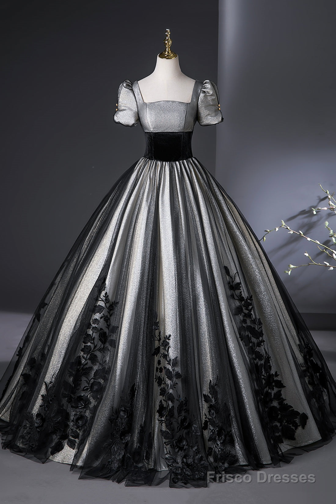 Elegant Black And Silver Lace Long Prom Dress, A-Line Square Neck Party Dress Main image