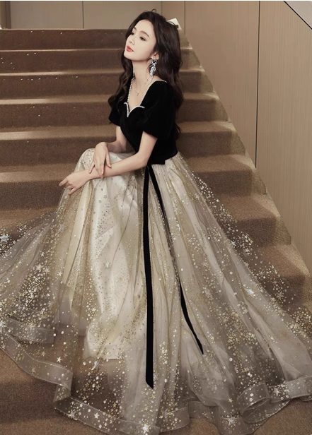 Elegant Black & Gold Panel Short Sleeve Velvet Tulle A-Line Long Prom Dress Evening Dress