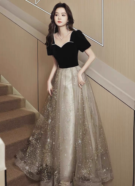 Elegant Black & Gold Panel Short Sleeve Velvet Tulle A-Line Long Prom Dress Evening Dress Main image