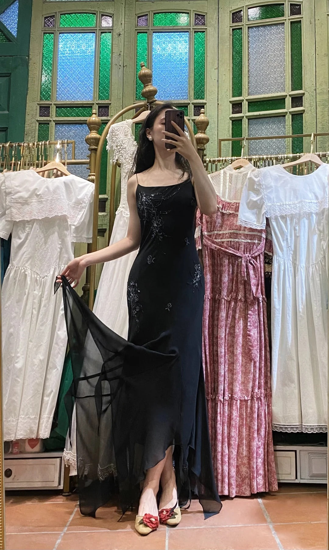 Elegant Black Irregular Strap Beaded Chiffon Long Prom Dress Evening Dress Main image