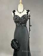 Elegant Black Mermaid Satin Beaded Sequin Long Formal Prom Dress, Sweetheart Neck Evening Dress