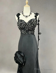 Elegant Black Mermaid Satin Beaded Sequin Long Prom Dress, Sweetheart Neck Evening Dress