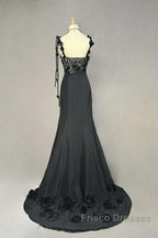Elegant Black Mermaid Satin Beaded Sequin Long Formal Prom Dress, Sweetheart Neck Evening Dress