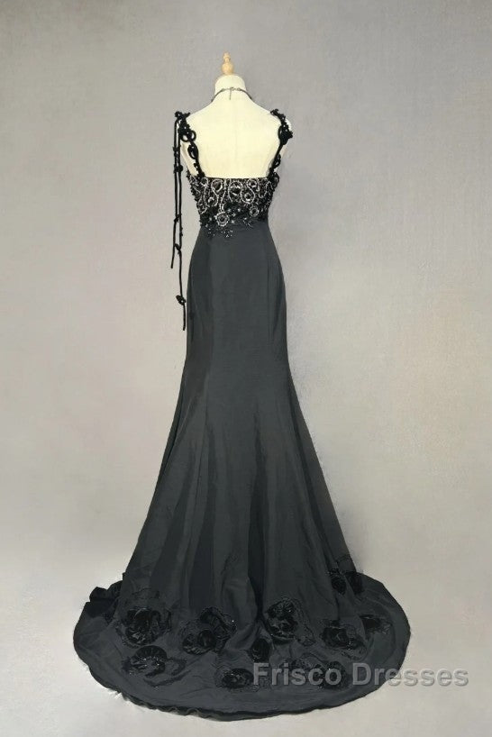 Elegant Black Mermaid Satin Beaded Sequin Long Formal Prom Dress, Sweetheart Neck Evening Dress