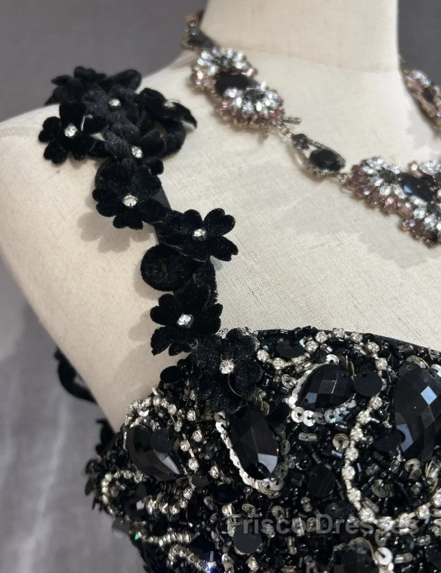 Elegant Black Mermaid Satin Beaded Sequin Long Formal Prom Dress, Sweetheart Neck Evening Dress