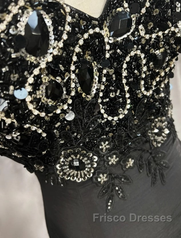 Elegant Black Mermaid Satin Beaded Sequin Long Formal Prom Dress, Sweetheart Neck Evening Dress