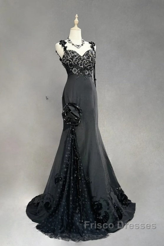 Elegant Black Mermaid Satin Beaded Sequin Long Formal Prom Dress, Sweetheart Neck Evening Dress