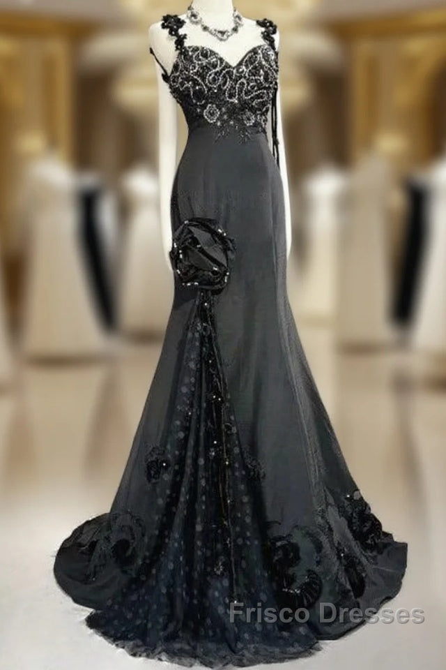 Elegant Black Mermaid Satin Beaded Sequin Long Formal Prom Dress, Sweetheart Neck Evening Dress