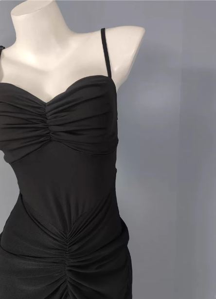 Elegant Black Mermaid Spaghetti Strap Ruched Chiffon Long Prom Dress Evening Dress
