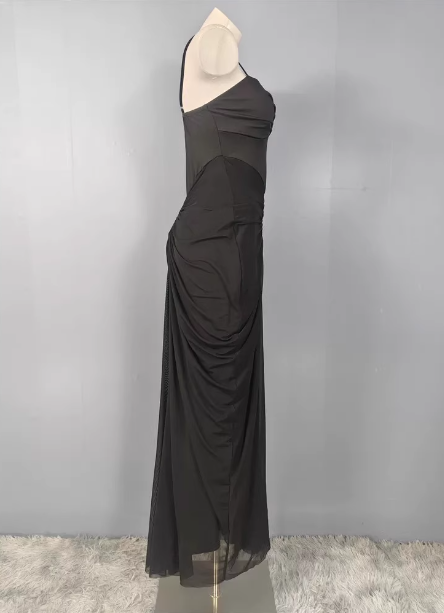 Elegant Black Mermaid Spaghetti Strap Ruched Chiffon Long Prom Dress Evening Dress