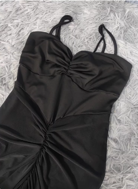 Elegant Black Mermaid Spaghetti Strap Ruched Chiffon Long Prom Dress Evening Dress