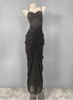 Elegant Black Mermaid Spaghetti Strap Ruched Chiffon Long Prom Dress Evening Dress