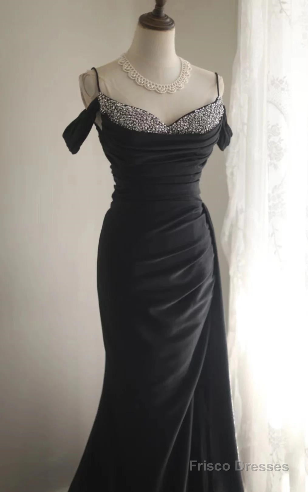 Elegant Black Mermaid Spaghetti Strap Satin Diamond Long Prom Dress Simple Evening Dress Secondary image