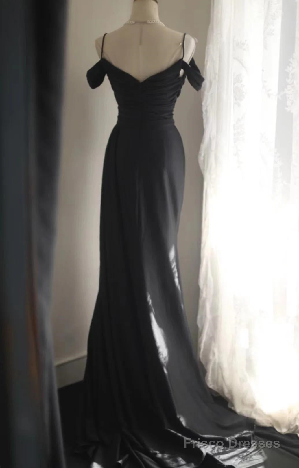 Elegant Black Mermaid Spaghetti Strap Satin Diamond Long Prom Dress Simple Evening Dress