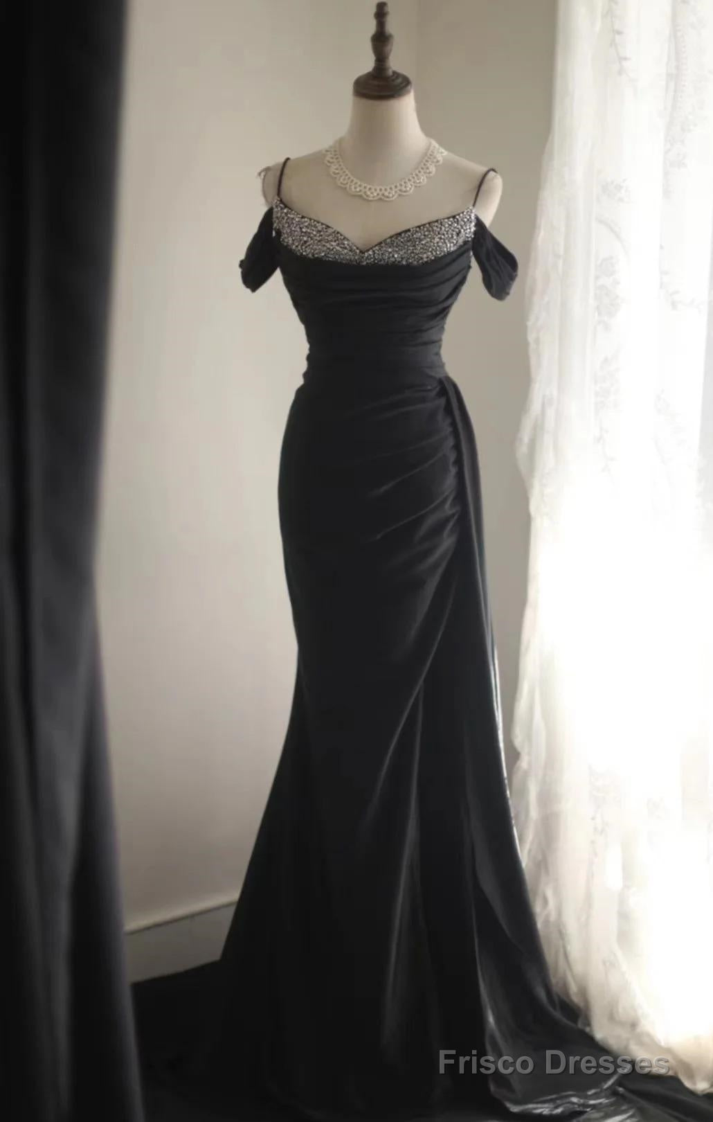 Elegant Black Mermaid Spaghetti Strap Satin Diamond Long Prom Dress Simple Evening Dress Main image