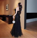 Elegant Black Mermaid Strapless Feather Sequined Tulle Prom Dress Evening Dress