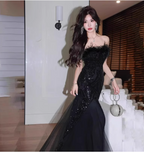 Elegant Black Mermaid Strapless Feather Sequined Tulle Prom Dress Evening Dress