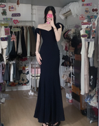 Elegant Black Mermaid V-Neck Bow Strap Satin Long Prom Dress Evening Dress
