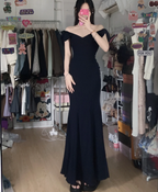 Elegant Black Mermaid V-Neck Bow Strap Satin Long Prom Dress Evening Dress