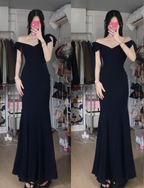Elegant Black Mermaid V-Neck Bow Strap Satin Long Prom Dress Evening Dress