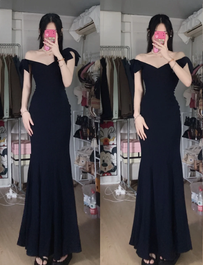 Elegant Black Mermaid V-Neck Bow Strap Satin Long Prom Dress Evening Dress