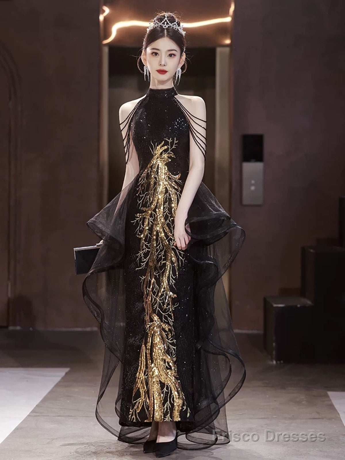 Elegant Black Sequins Halter Evening Dress With Lace Applique, Black Long Prom Dress Secondary image