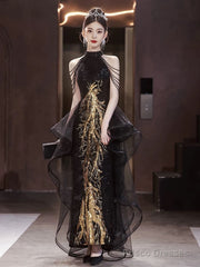 Elegant Black Sequins Halter Evening Dress With Lace Applique, Black Long Prom Dress