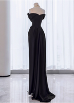 Elegant Black Slim-Fit Off-The-Shoulder Satin Long Prom Dress Evening Dress