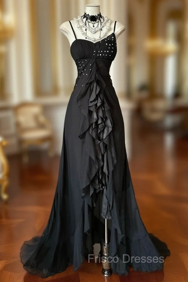 Elegant Black Spaghetti Strap Mermaid Chiffon Formal Prom Dress Main image