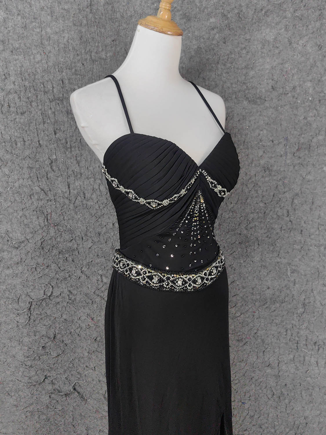 Elegant Black Spaghetti Strap Sequin Beaded Split Chiffon Long Prom Dress Evening Dress
