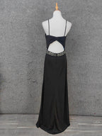 Elegant Black Spaghetti Strap Sequin Beaded Split Chiffon Long Prom Dress Evening Dress