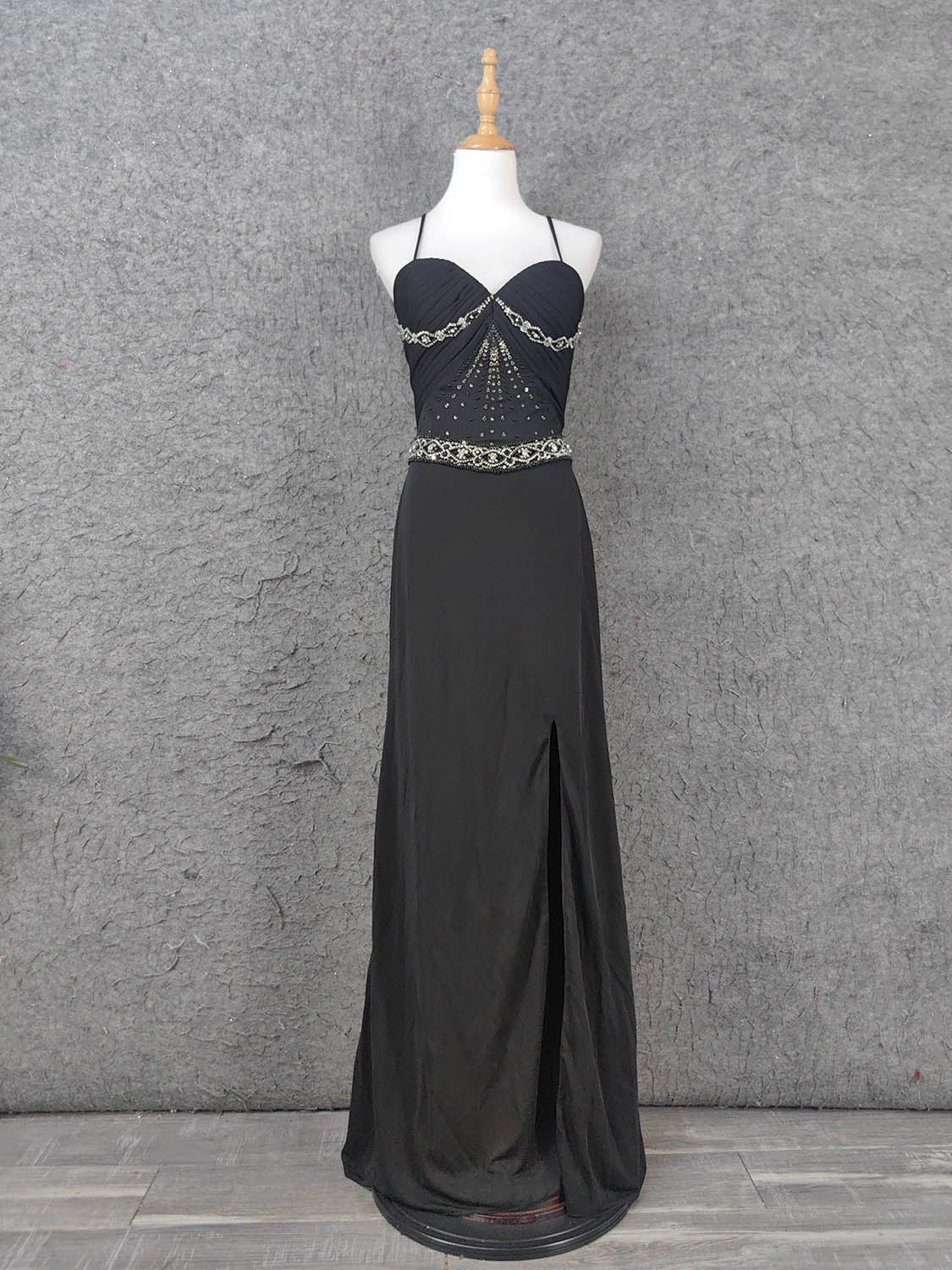 Elegant Black Spaghetti Strap Sequin Beaded Split Chiffon Long Prom Dress Evening Dress Main image